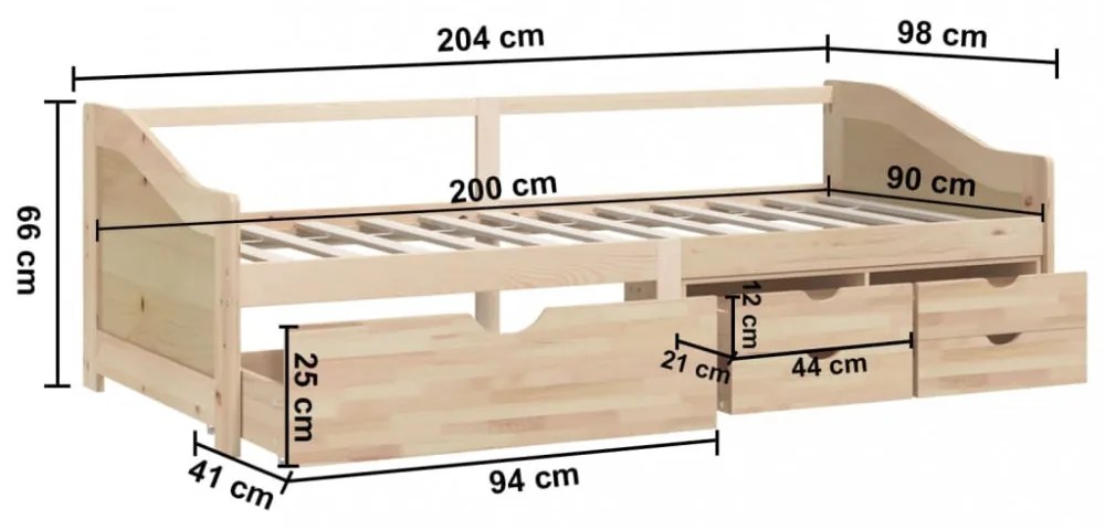 3 személyes tömör fenyőfa kanapéágy fiókokkal 90 x 200 cm