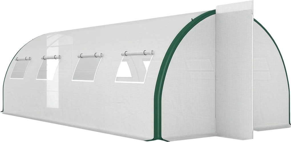 Outsunny 6x3m Alagút Üvegház 2 Zsanéros Ajtóval és 8 Ablakkal, Kert Üvegház PE-ből, Poliészterből és Horganyzott Acélból, Fehér és Zöld | Aosom
