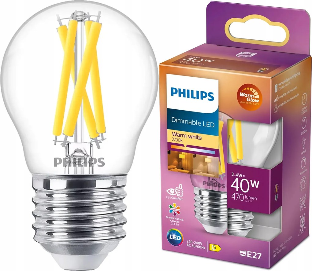 Led izzó E27 Golyó 3.4W 40W CRI90 Filament Tompítható WarmGlow Philips