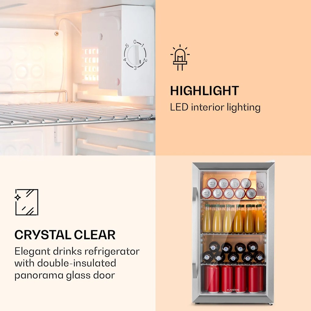 Klarstein Beersafe XXL Chrytal White, E energiahatékonysági osztály, LED, 3 fém polc, panoráma üvegajtó
