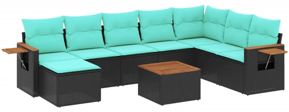 9 részes fekete polyrattan kerti ülőgarnitúra párnával