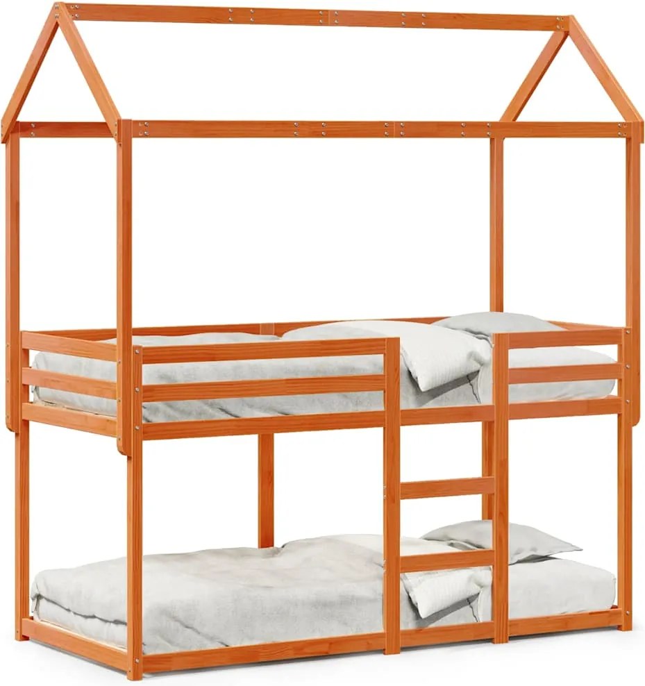 vidaXL viaszbarna tömör fenyőfa ágy emelettel és tetővel 80 x 200 cm