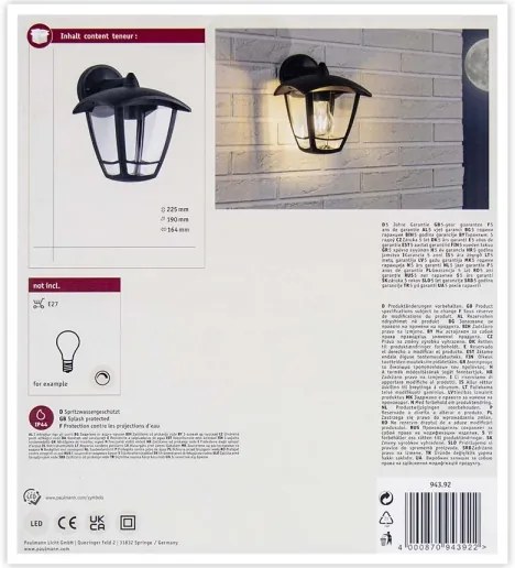 Paulmann 94392 - 1xE27/12W IP44 Kültéri fali lámpa CLASSIC 230V