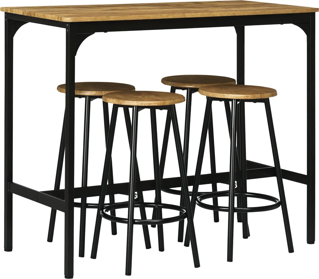 HOMCOM Bárasztal és Bárszék Szett, 5-Darabos Bárasztal Szett, Konyhai Asztal 4 Bárszékkel, Étkező Szett Ipari Dizájnban, Konyhához, Étkezőhöz, Fém, Ru