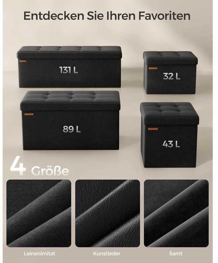 SONGMICS tárolós ülőke – összecsukható pad, 38 × 110 × 38 cm, tinta­fekete színben