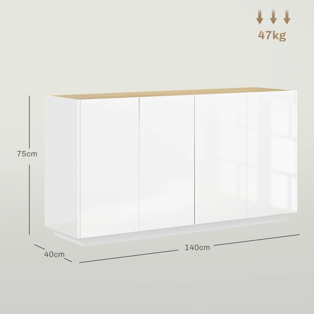 HOMCOM Étkezőbuffet, Konyhai Buffet, 4 Lágyan Záródó Ajtóval és Állítható Polcokkal, 140 x 40 x 75 cm, Fényes Fehér | Aosom