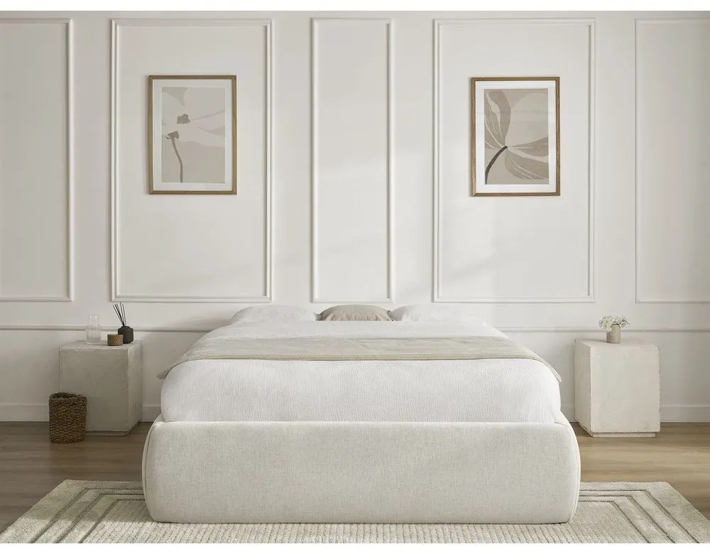 Bézs kárpitozott ágyneműtartós-ágytámla nélkül franciaágy ágyráccsal 160x200 cm Inera – Bobochic Paris