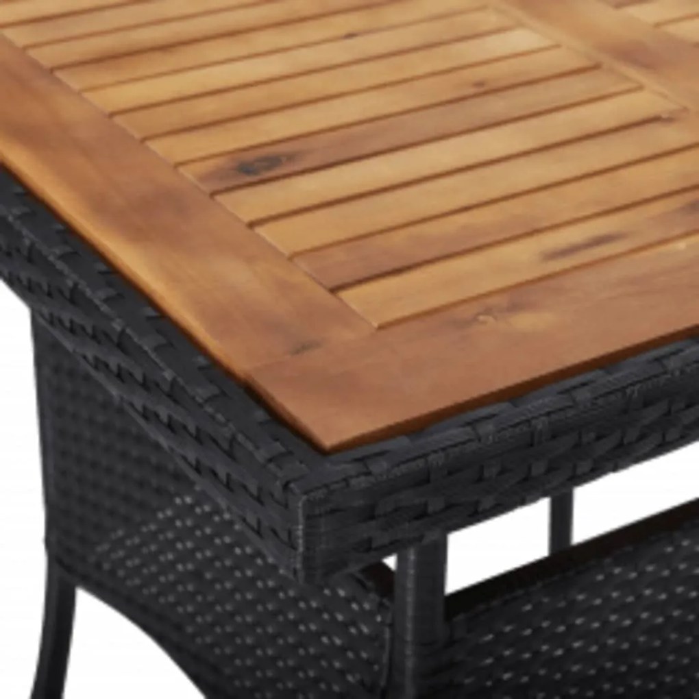 3 részes fekete polyrattan és tömör fa kerti étkezőgarnitúra