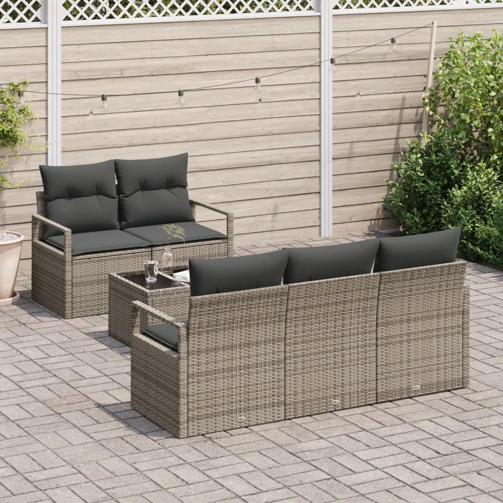 6 Részes Kerti Sofa Szett Párnákkal Szürke Polirattan, 2-Személyes Kerti Sofa Tárolóval &amp; Párnákkal Szürke Polirattan