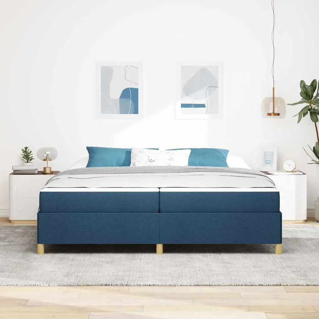 Boxrugós ágy Kék és Sötétkék és Fehér 200 x 200 cm szövet