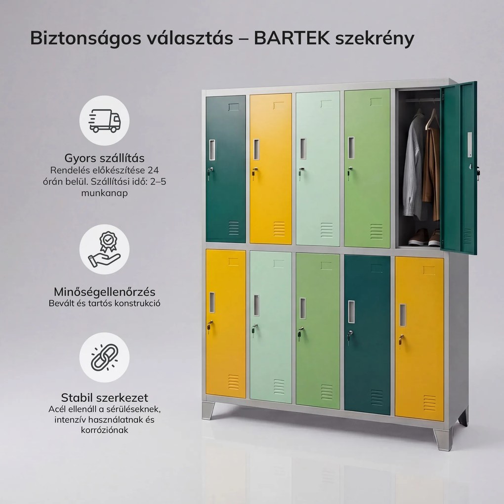 Öltözőszekrény 10-ajtós szürke-zöld-sárga, 1360x1720x450 mm: BARTEK