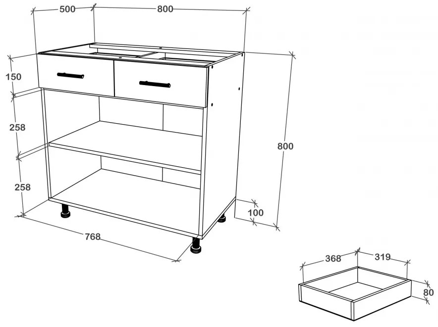 Benita 2 fiókos 2 ajtós Alsó konyhaszekrény Bronz Tölgy-Fehér 80x50x80 cm N