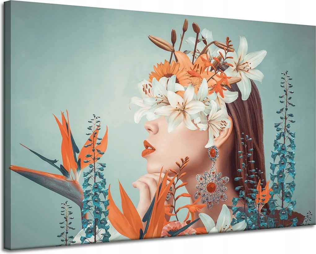 Vászonkép Nő Virágok Levelek Természet 120x80 cm