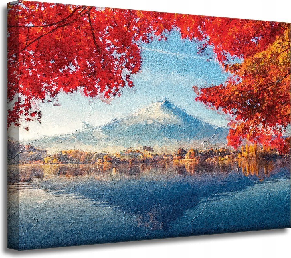 Vászonkép Színes Levelek Város Hegy Víz 40x30 cm