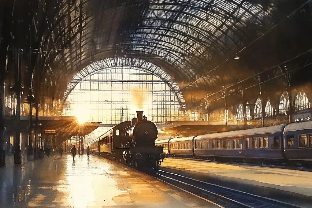 Fotótapéta Flizelina Állomás Vasút Vonat Reggel Nap 368x254 ragasztó