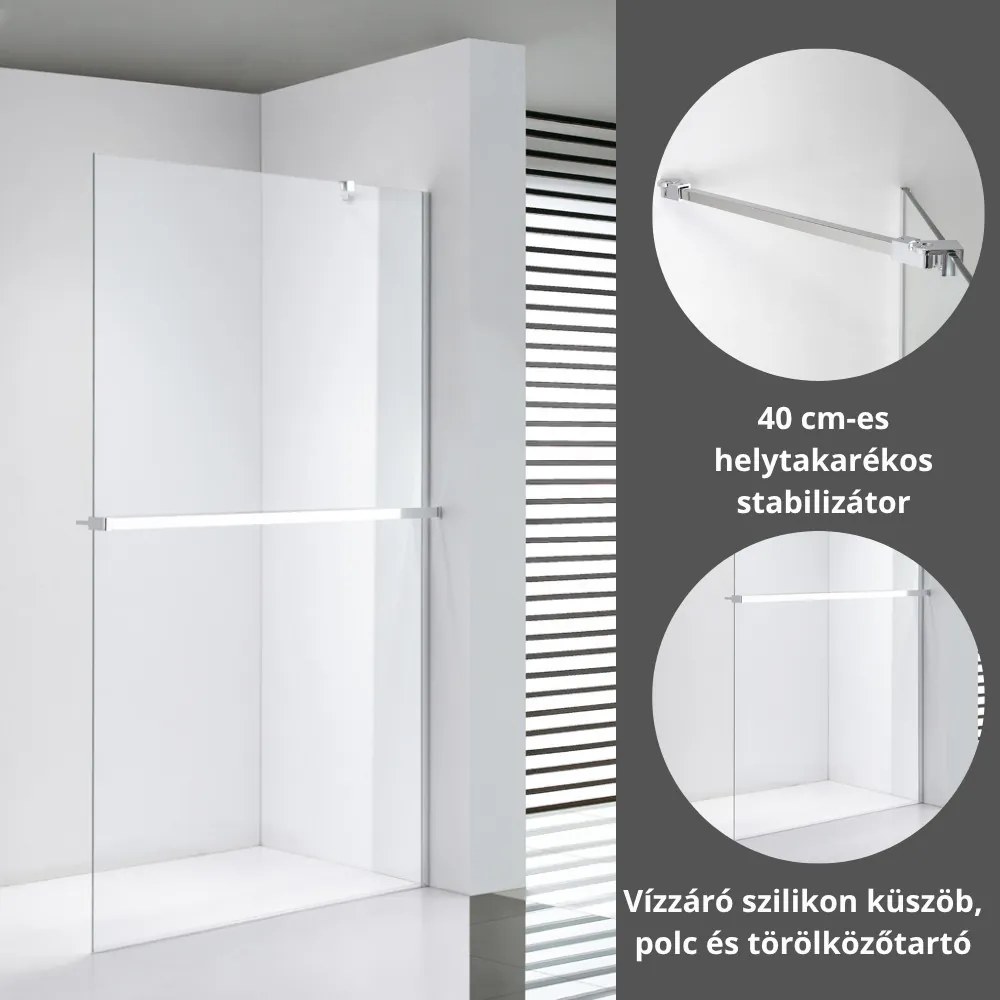 Stuxi Milano Easy Plus Walk-in zuhanyfal, 80x200 cm, 8 mm vastag vízlepergető üveggel, helytakarékos stabilizátorral, polccal, törölközőtartóval