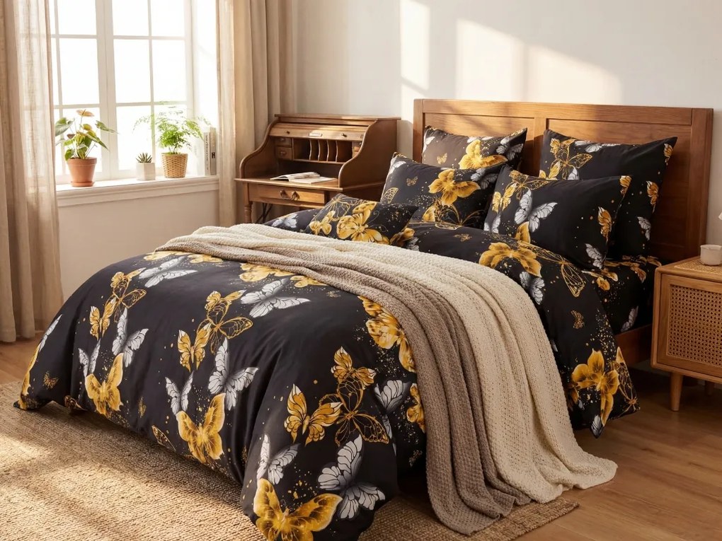 Mikroszálas ágyneműhuzat GOLD BUTTERFLY fekete Ágyneműhuzat mérete: 2 db 70 x 90 cm | 200 x 220 cm