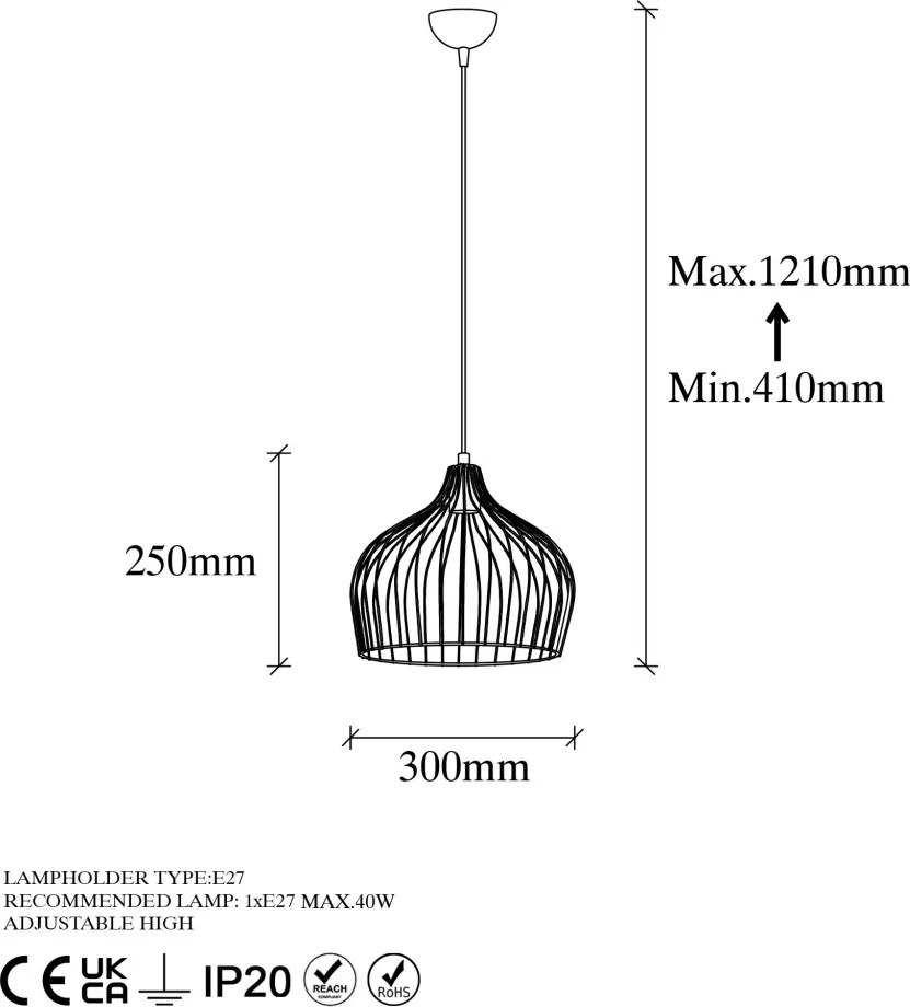 Bek fém függőlámpa, Ø30 cm – TR942FLG1403