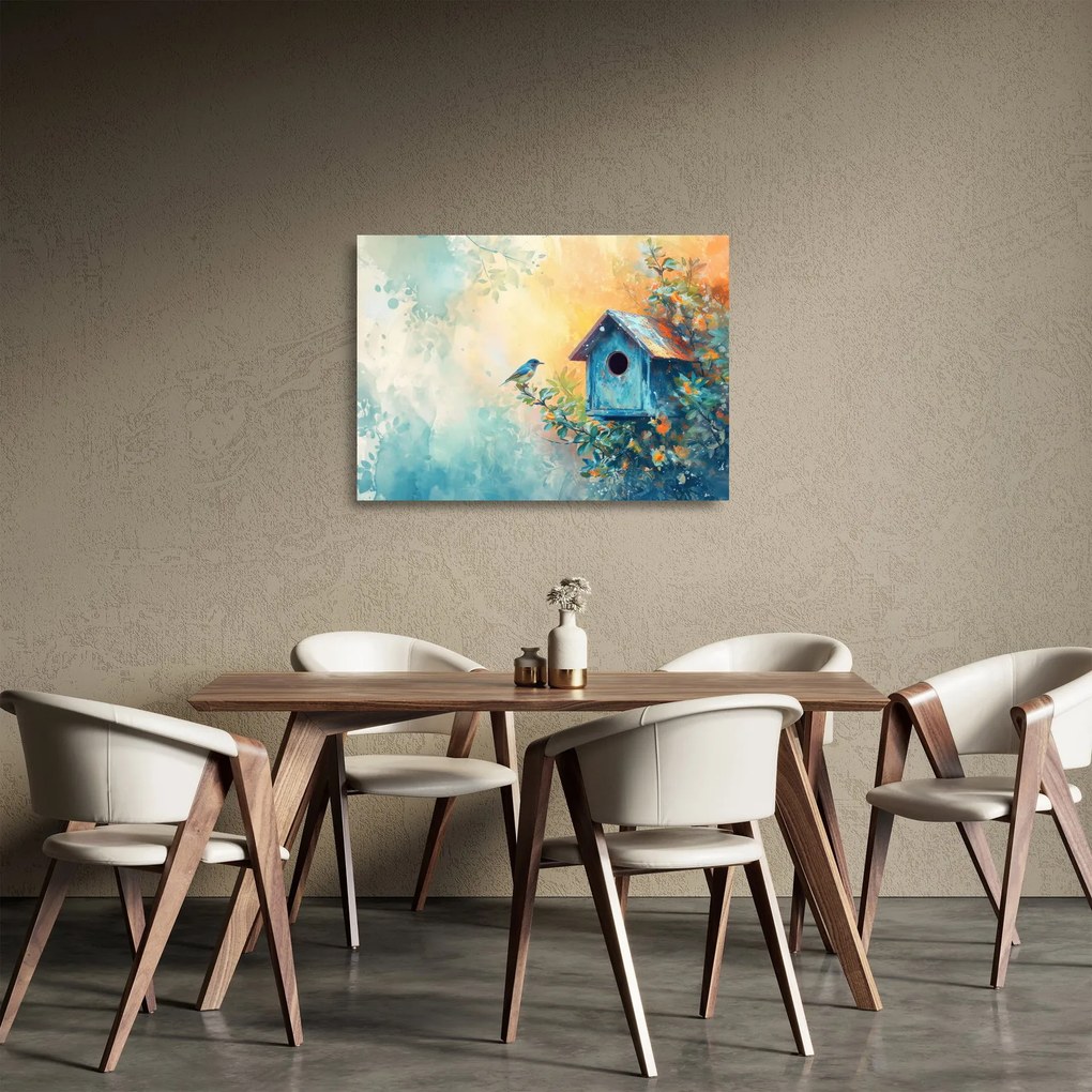 Üveg kép - Madárház, akvarell (70x50 cm)