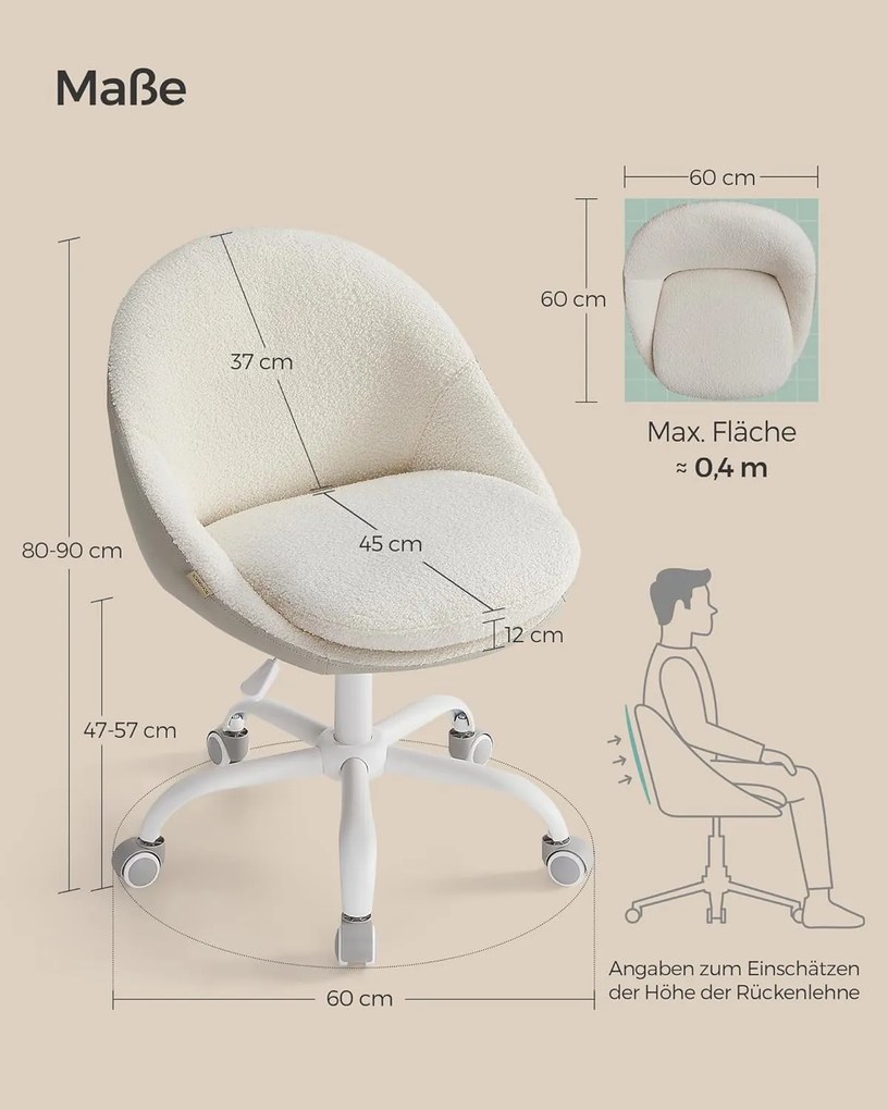 Otthoni irodai szék, sminkszék sherpa anyagból, cappuccino bézs–felhőfehér színben