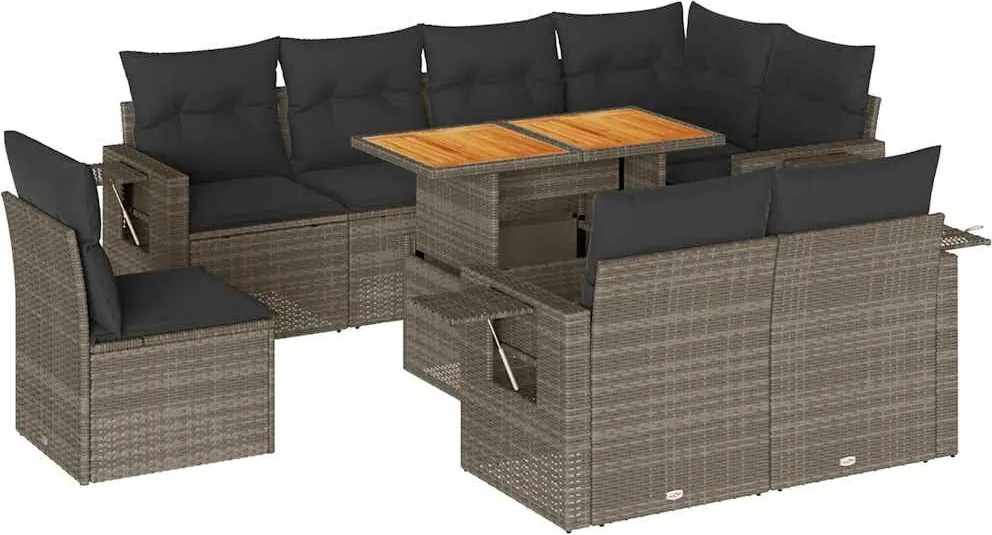 vidaXL 9 részes szürke polyrattan kerti ülőgarnitúra párnákkal