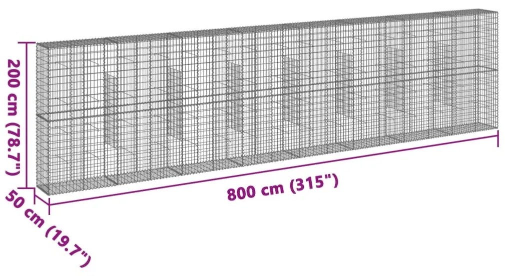 horganyzott vas gabion kosár fedéllel 800 x 50 x 200 cm