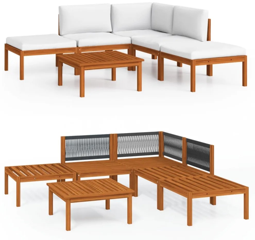 6 darabos krémszínű akácfa és kötél kerti pihenőgarnitúra párnákkal