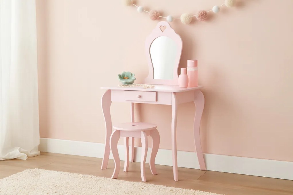 Kis fésülködőasztal tükörrel és ülőkével 65 × 39,5 × 108 cm