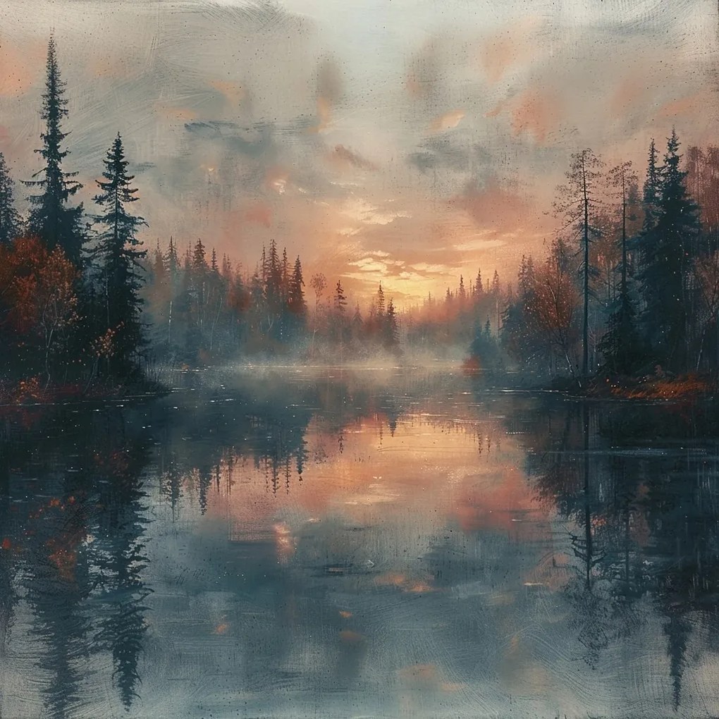 Vászonkép Canvas Tájkép Fák Tó Köd Nyugat Este 80x80