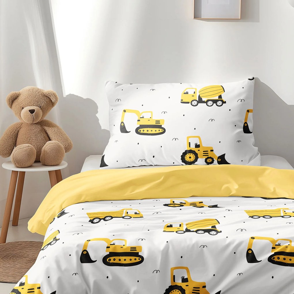 Goldea gyermek pamut ágyneműhuzat duo - kotrógépek és építkezési eszközök, sárga hátoldal 150 x 200 és 50 x 60 cm