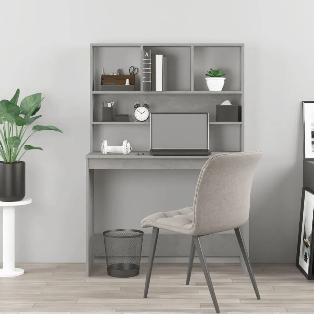 betonszürke szerelt fa íróasztal polcokkal 102 x 45 x 148 cm