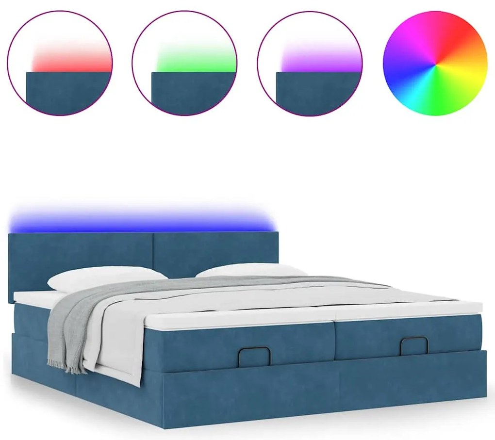 Ottomán ágy matracokkal &amp; LED-ek Sötétkék 200x200cm bársony