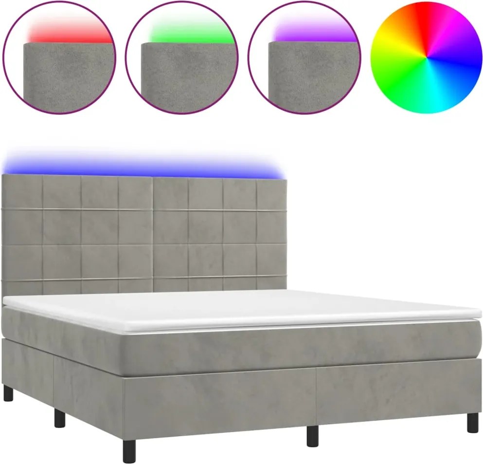vidaXL világosszürke bársony rugós és LED-es ágy matraccal 180x200 cm