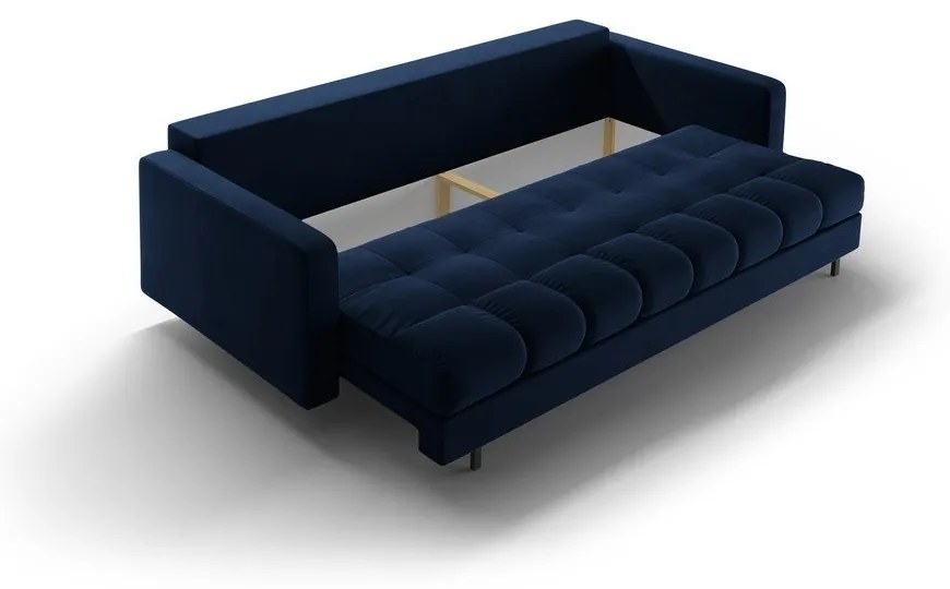 Sötétkék bársony kinyitható tárolóhelyes kanapé 222 cm Bali – Cosmopolitan Design