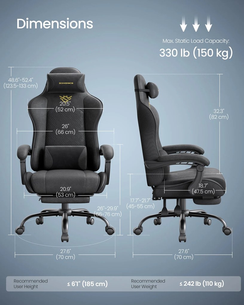 Ergonomikus játékos szék lábtartóval, karfákkal, tintafekete