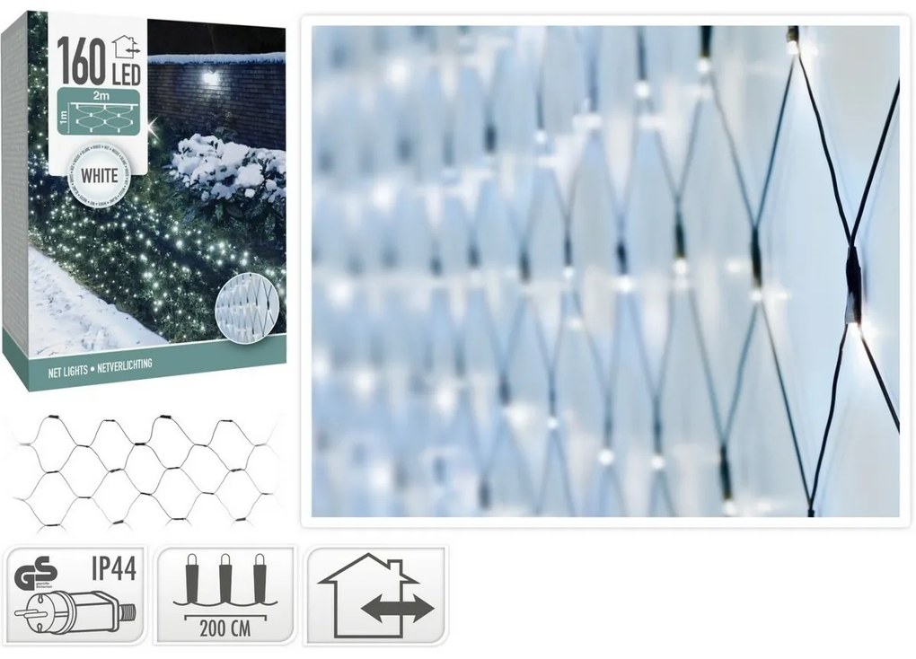 Kültéri fényháló, 200x100 cm, 160 LED, hidegfehér, IP44, 2 m