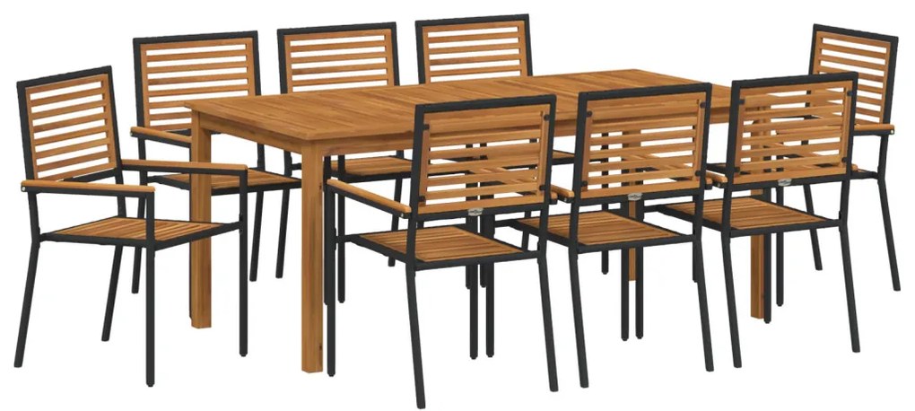 9 darabos Kerti Étkezőszett Fekete Poli-Rattan Akác, Rakásolható Kerti Székek Párnákkal 2 db Fekete Poli-Rattan