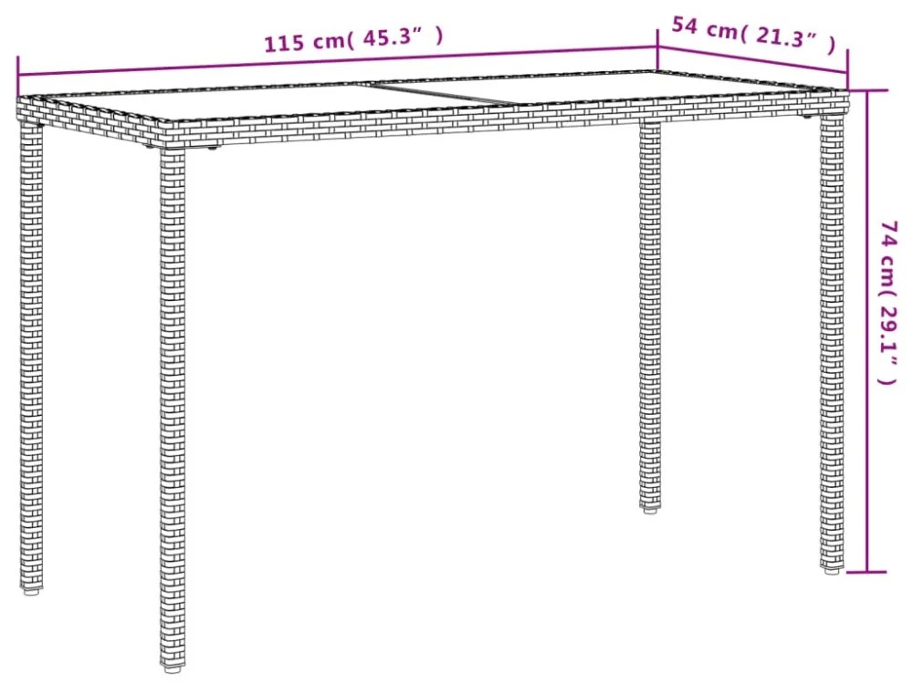 fekete polyrattan üveglapos kerti asztal 115x54x74 cm