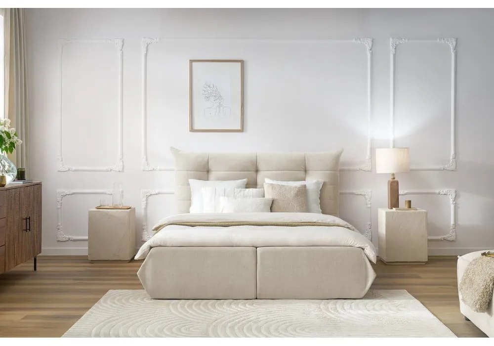 Bézs kárpitozott franciaágy tárolóhellyel, ágyráccsal 180x200 cm Clothilde – Bobochic Paris