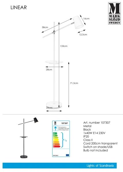 Markslöjd 107307 - Állólámpa USB - vel LINEAR 1xE14/40W/230V