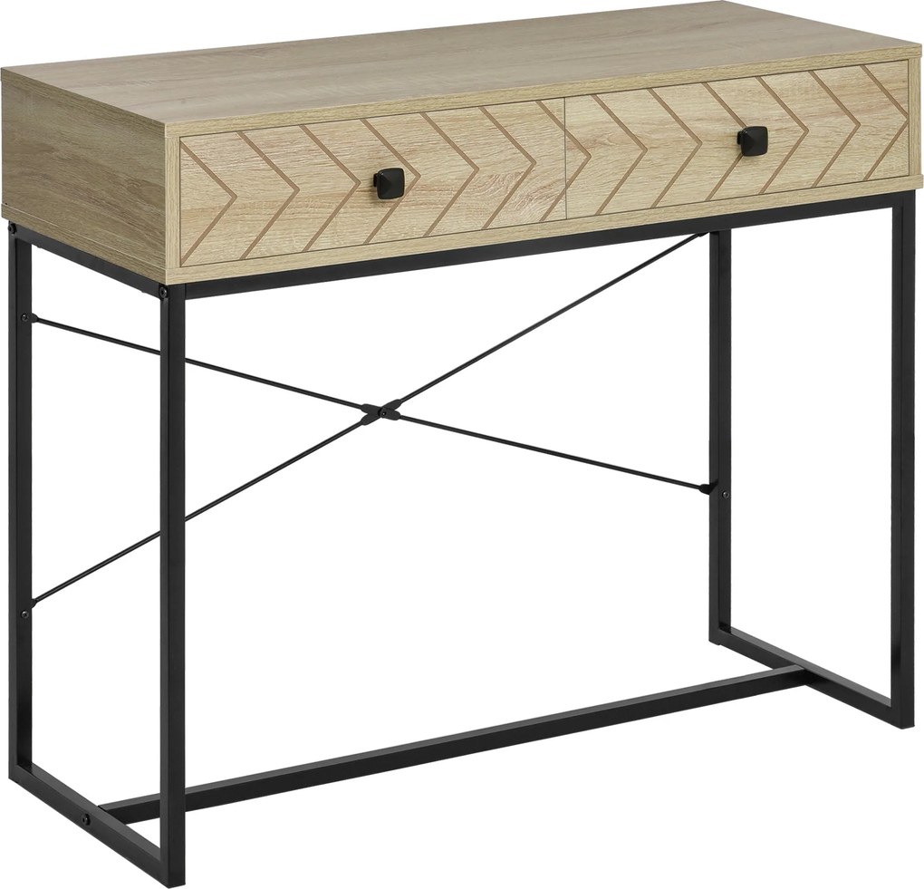 HOMCOM Konzolasztal 90x35x76 cm Előszobai Asztal 2 Dekoratív Tároló Fiókkal és Fémből Készült Váz Előszobába, Nappaliba Természetes Színben | Aosom