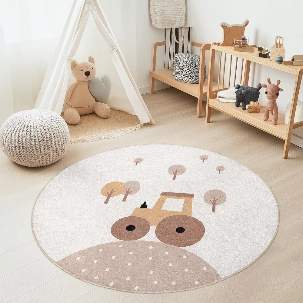 Bézs mosható gyerek szőnyeg ø120 cm Tractor World – Mila Home