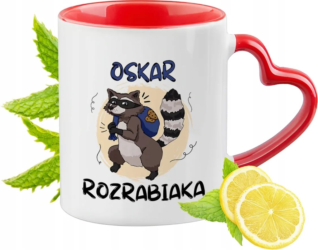 Piros bögre szív alakú füllel Oscarnak ajándékba