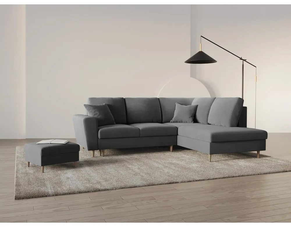 Világosszürke bársony kinyitható tárolóhelyes sarokkanapé (jobb oldali-L alakú) Kyoto – Cosmopolitan Design
