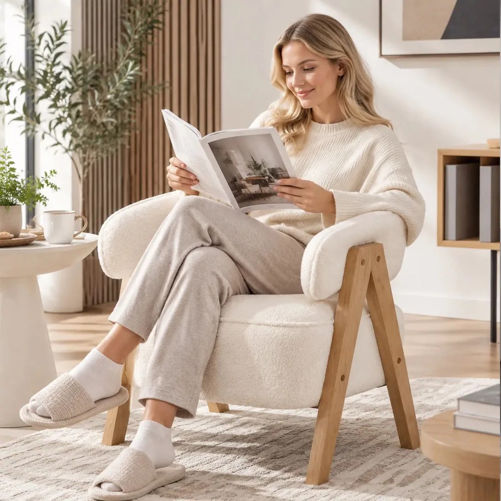 HOMCOM Modern kárpitozott fotel, polár huzat, kiegészítő fotel, fotel fa lábakkal, fém váz, fehér
