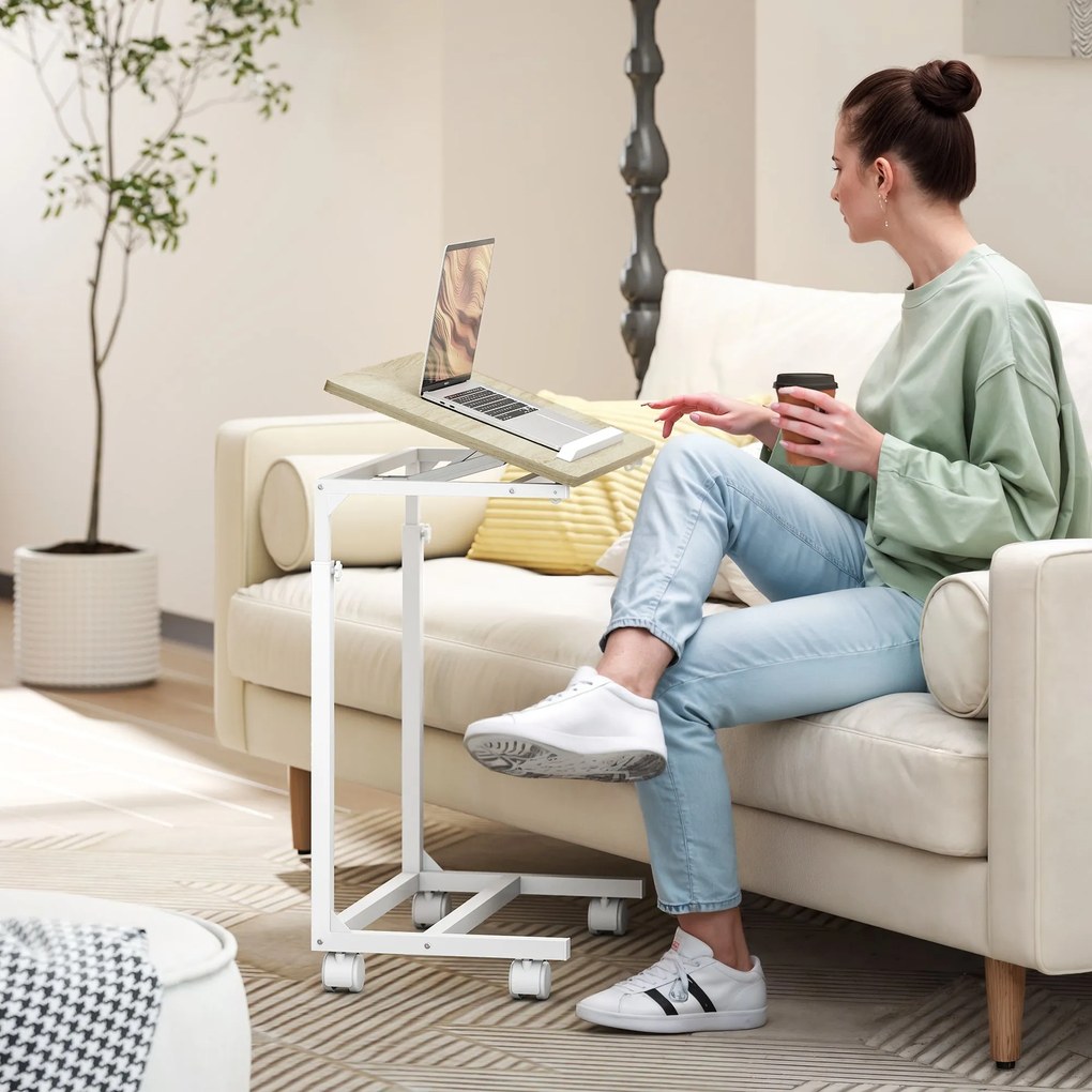 HOMCOM Görgős Oldaltábla Kanapéhoz Állítható Magasságú Dőlt Toppal és Fém Kerettel, 55x36x62.5-82.5 cm Tölgy | Aosom