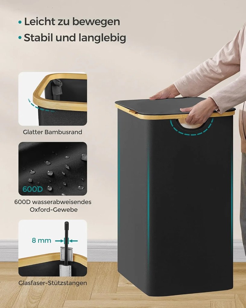 SONGMICS szennyeskosár fedéllel – 3 rekeszes ruhagyűjtő, 150 L űrtartalommal fekete színben