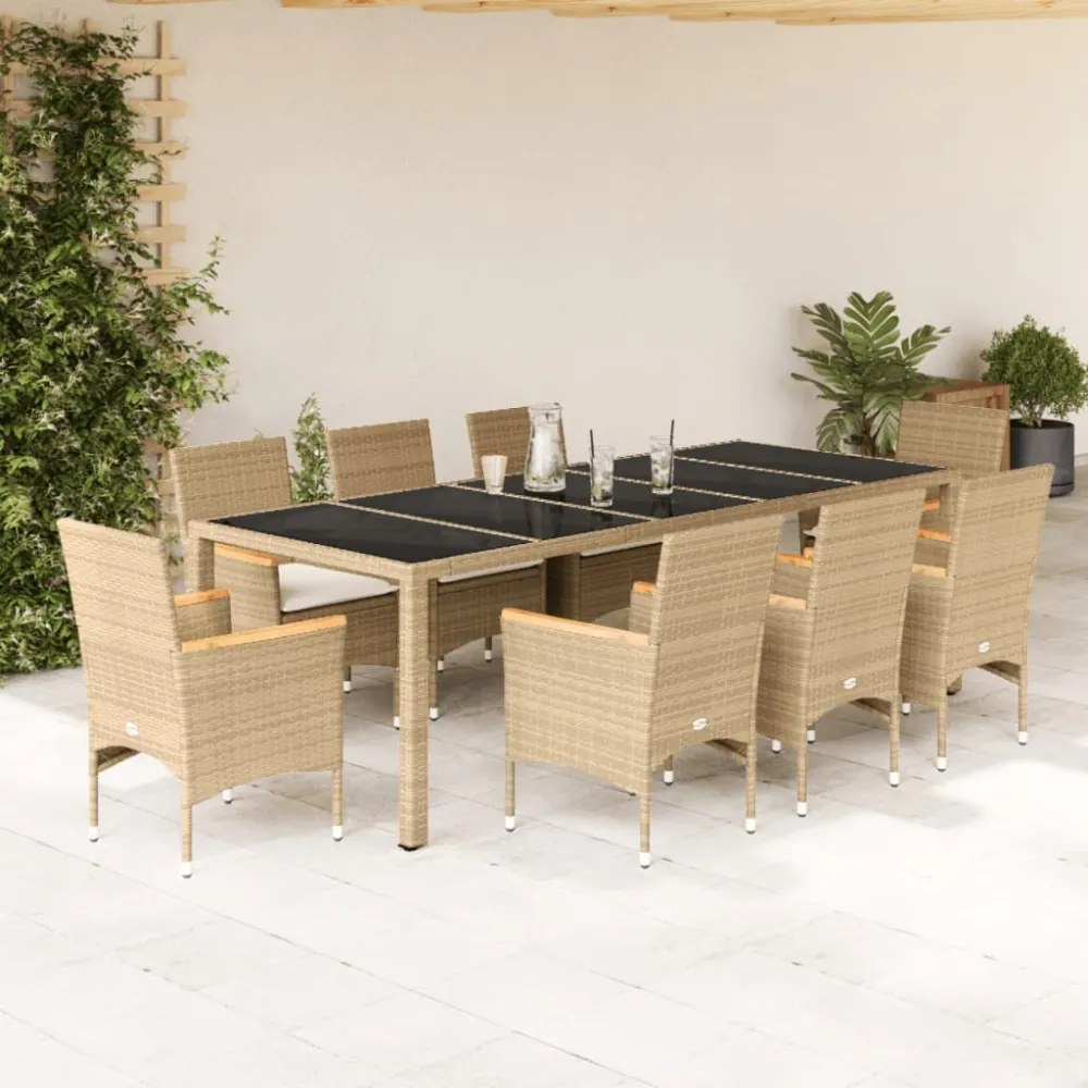 vidaXL 9 részes bézs polyrattan/üveg kerti étkezőgarnitúra párnákkal