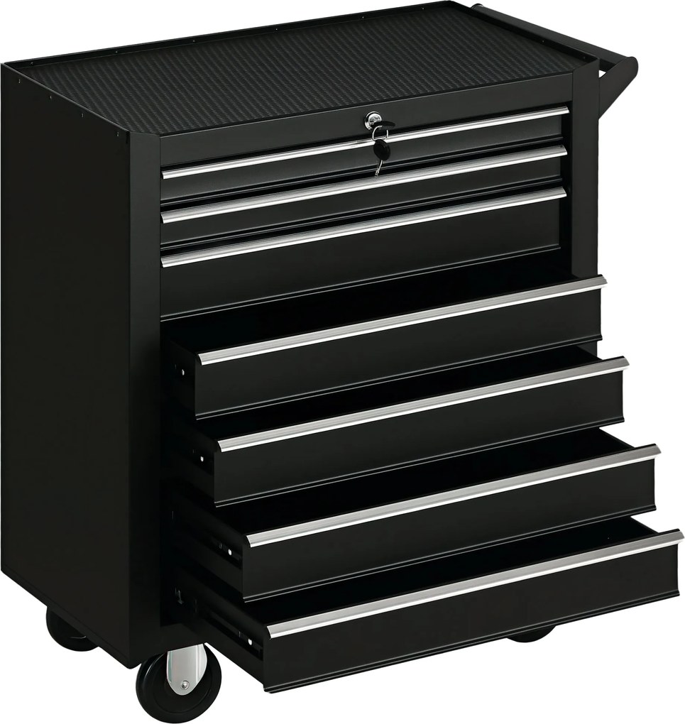 DURHAND Szerszámkocsi 7 Fiókkal, EVA Szőnyegekkel, Zárral és 2 Kulccsal, Fékezett Kerekekkel és Fogantyúval, Acélból, Fekete | Aosom