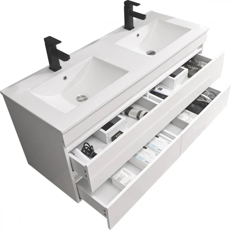 Cube 120 alsó fürdőszobabútor kerámia mosdóval 2 fiókos, magasfényű festett fehér